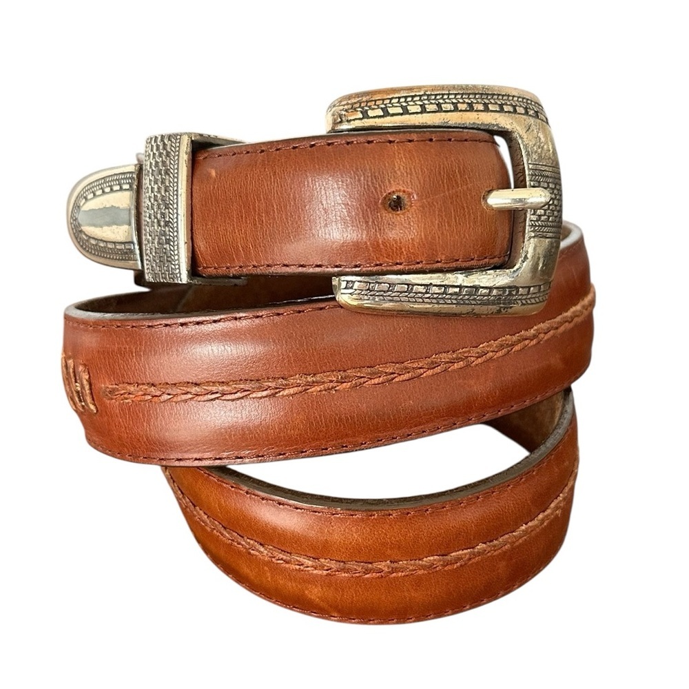 Onyx by Brighton Men's Leather Belt Centered Braided‎ Detail British Tan Size 36